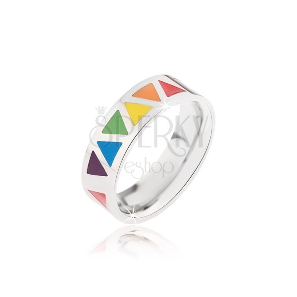 Lesklý ocelový prsten s barevnými trojúhelníky