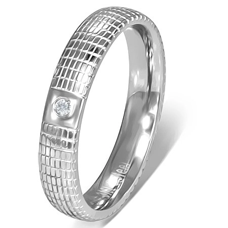 Stříbrný ocelový prsten s čirým kamínkem a mřížkou - Velikost: 53