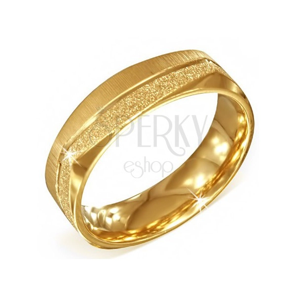 Hranatý zlatý ocelový prsten - pískovaný a saténový pás