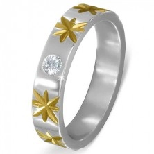Stříbrný ocelový prsten se zlatými hvězdami a čirým zirkonem