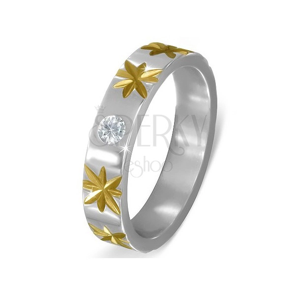 Stříbrný ocelový prsten se zlatými hvězdami a čirým zirkonem