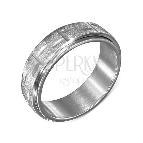 Stříbrný prsten z oceli - točící se pískovaná obruč s rýhami