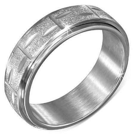 Stříbrný prsten z oceli - točící se pískovaná obruč s rýhami - Velikost: 54
