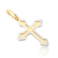 Přívěsek ze zlata 14K - dvoubarevný jetelový kříž, dvojitý