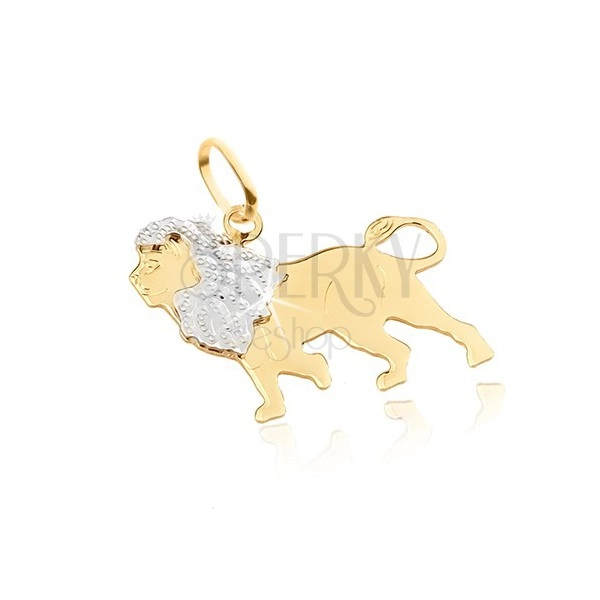 Zlatý přívěsek 585 - plochý lesklý kráčející lev, dvoubarevný, gravírovaný 