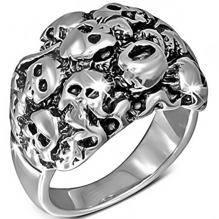 Lesklý stříbrný ocelový prsten - shluk lebek - Velikost: 59