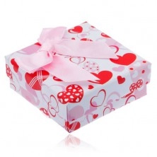 Krabička na náušnice - červená, bílá a růžová srdce, mašle