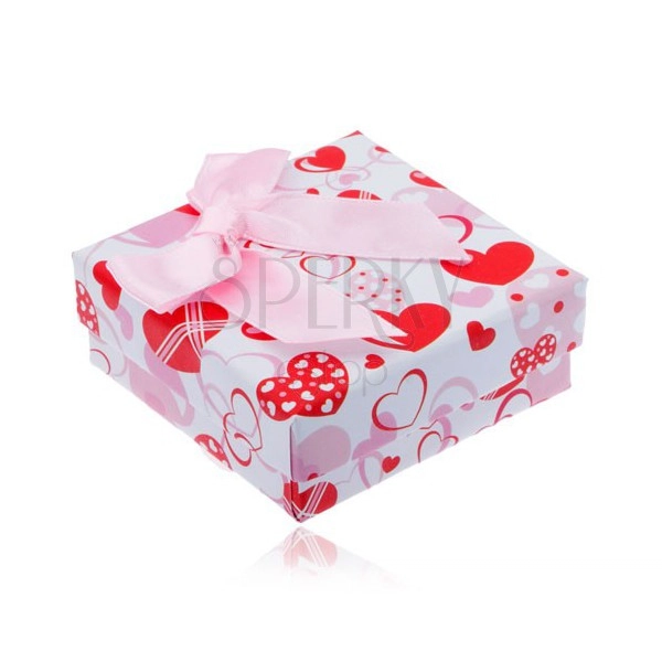 Krabička na náušnice - červená, bílá a růžová srdce, mašle