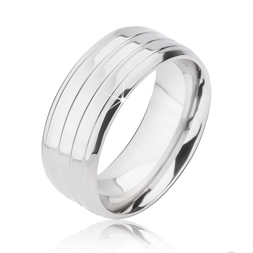 Prsten z titanu stříbrné barvy - tři pásy a zkosené hrany - Velikost: 67
