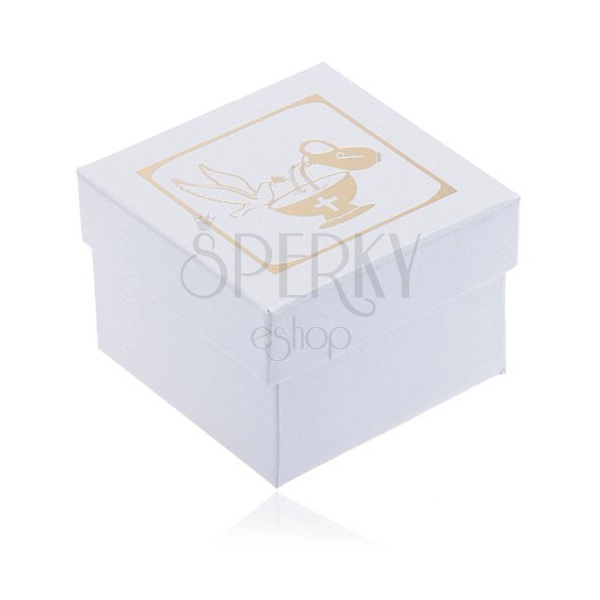 Třpytivá bílá dárková krabička - zlatý džbán, kalich a holubice