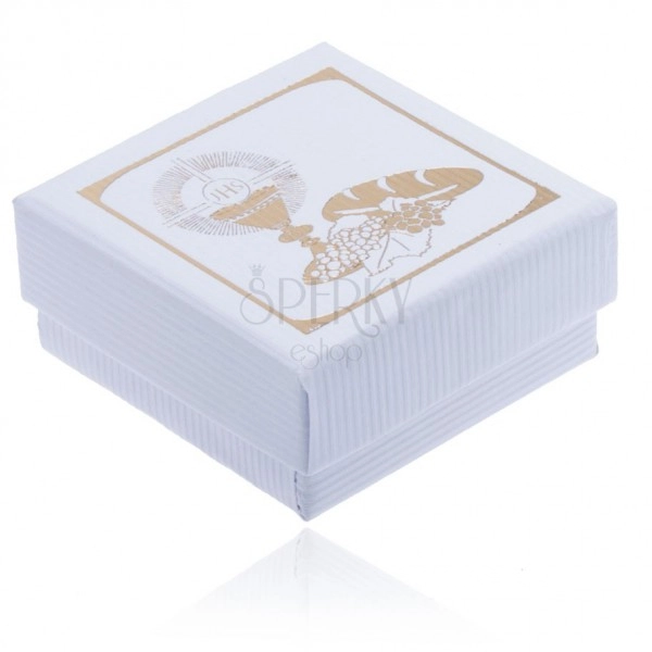 Krabička na šperk bílé barvy se zlatým kalichem, chlebem a hrozny
