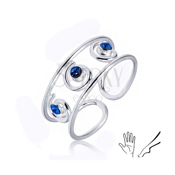 Stříbrný prsten 925 na ruku nebo nohu, tři modré zirkony ve spirálách