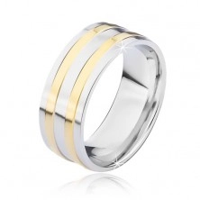 Stříbrný ocelový prsten se dvěma úzkými zlatými pásy