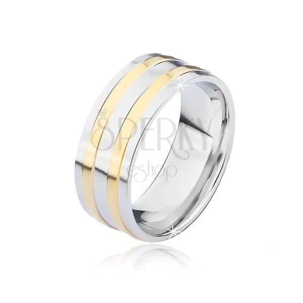 Stříbrný ocelový prsten se dvěma úzkými zlatými pásy