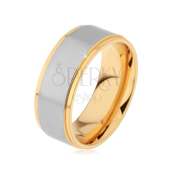 Lesklý stříbrno-zlatý ocelový prsten se dvěma zářezy