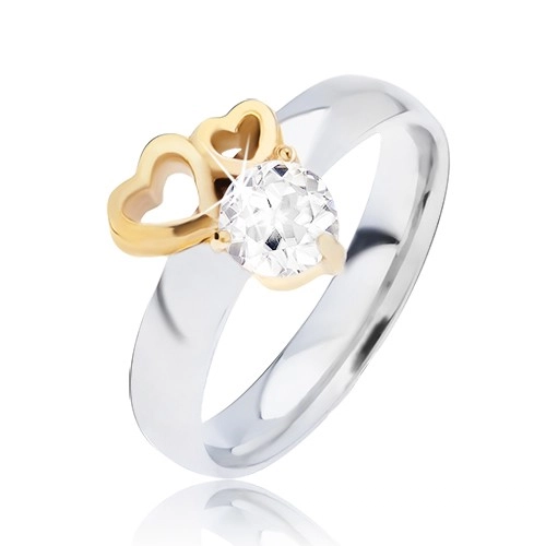 Lesklý ocelový prsten se zlatými obrysy srdcí a čirým zirkonem - Velikost: 52