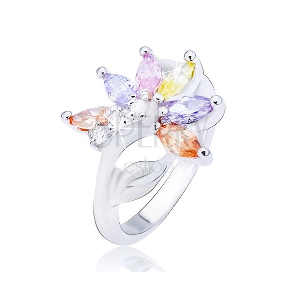 Lesklý stříbrný prsten, květ s barevnými zirkonovými lupeny
