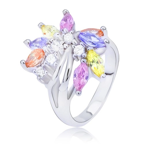Stříbrný prsten s barevným zirkonovým vějířem - Velikost: 59