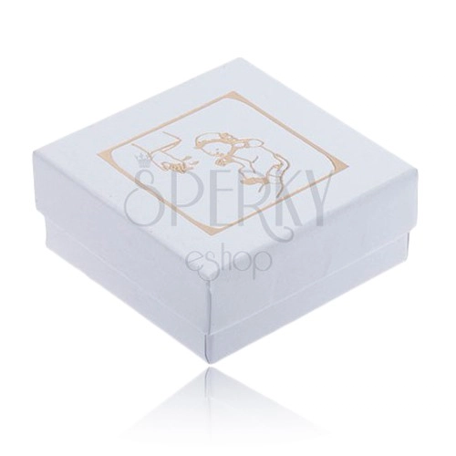 Levně Lesklá bílá krabička na náušnice, zlatý motiv křtu