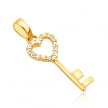 Přívěsek ve žlutém 14K zlatě - lesklý klíček, souměrný obrys srdce, kamínky 
