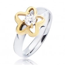 Ocelový prsten, zlatý obrys květu s čirým kulatým zirkonem