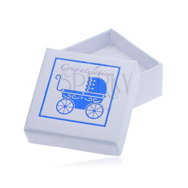 Bílá dárková krabička na šperk - modrý dětský kočárek