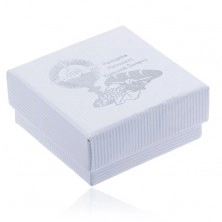 Bílá vroubkovaná krabička na náušnice - stříbrný nápis a obrázek s motivem 1. svatého přijímání