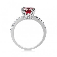 Prsten ze stříbra 925 - vystouplý červený kulatý zirkon, menší kamínky po stranách