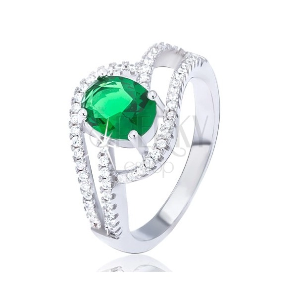Prsten ze stříbra 925, zdvojená zirkonová vlnka, oválný zelený kamínek