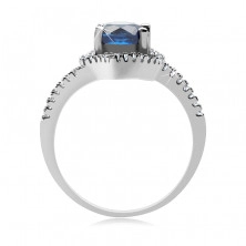 Stříbrný prsten 925, zvlněná elipsa, vystouplý tmavomodrý zirkon