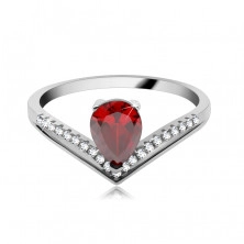 Prsten ze stříbra 925, červený slzičkový zirkon a zdvojená špička