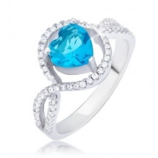 Stříbrný prsten 925, azurově modrý srdcový kamínek v zirkonovém kruhu