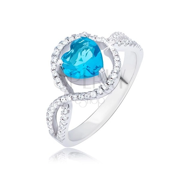 Stříbrný prsten 925, azurově modrý srdcový kamínek v zirkonovém kruhu