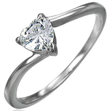 Zásnubní ocelový prsten, zirkonové srdíčko čiré barvy, úzká zahnutá ramena - Velikost: 58