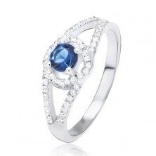 Prsten ze stříbra 925, rozdvojená zirkonová ramena, modrý kamínek v kruhu