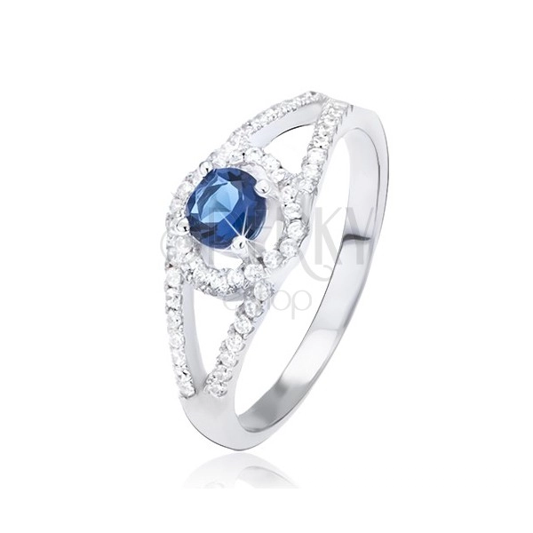Prsten ze stříbra 925, rozdvojená zirkonová ramena, modrý kamínek v kruhu