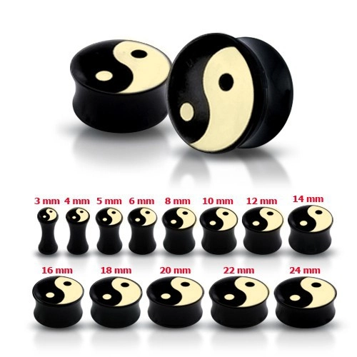 Lesklý černý plug do ucha se symbolem Jing a Jang - Tloušťka : 4 mm