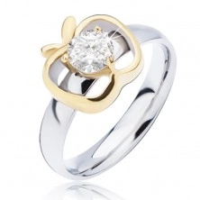 Ocelový prsten stříbrné barvy, zlatý obrys jablka s kulatým čirým zirkonem