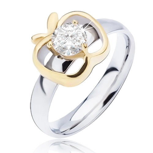Ocelový prsten stříbrné barvy, zlatý obrys jablka s kulatým čirým zirkonem - Velikost: 51
