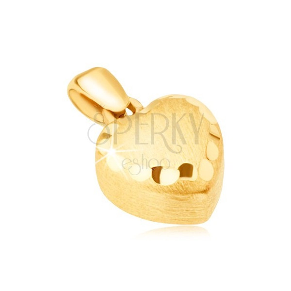 Zlatý přívěsek 585 - pravidelné 3D srdce, saténový povrch, ozdobné rýhy