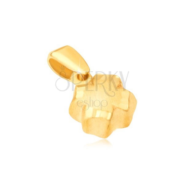 Přívěsek ve žlutém 14K zlatě - 3D čtyřlístek, saténový povrch, rýhované okraje