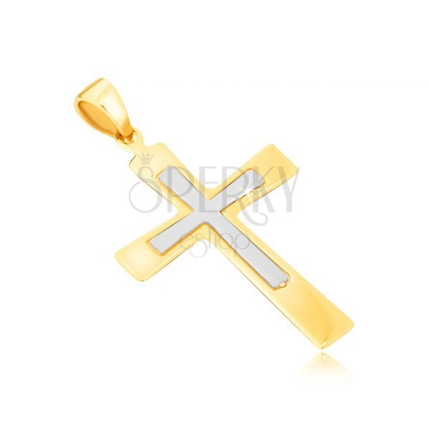 Přívěsek ze zlata 14K - dvoubarevný kříž s mírně se rozšiřujícími rameny