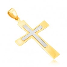 Zlatý přívěsek 585 - lesklý dvojbarevný kříž s rozšiřujícími se rameny