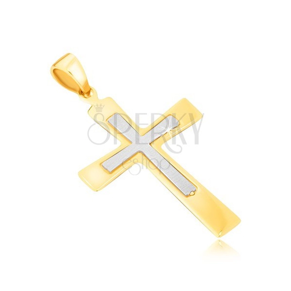 Zlatý přívěsek 585 - lesklý dvojbarevný kříž s rozšiřujícími se rameny