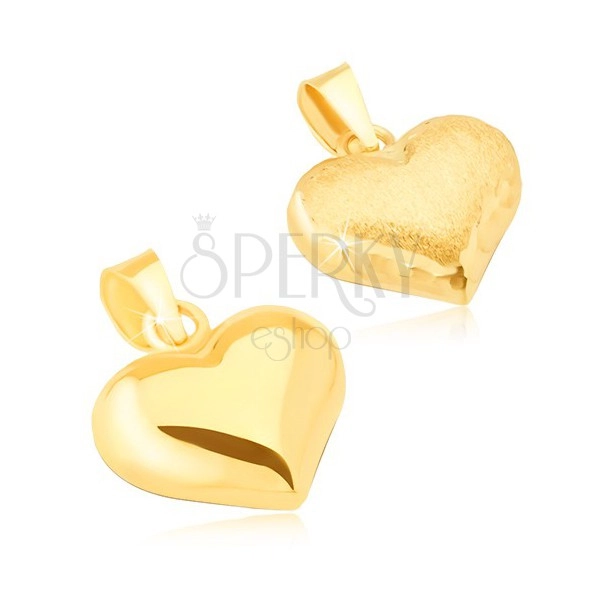 Zlatý přívěsek 585 - trojrozměrné pravidelné srdce, saténovo-lesklé