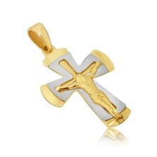 Dvoubarevný přívěsek ze zlata 14K - kříž s ukřižovaným Kristem