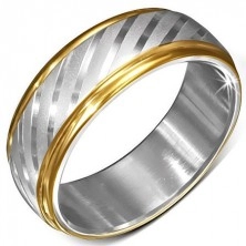 Ocelový prsten se zlatými okraji a saténovými diagonálními pásy