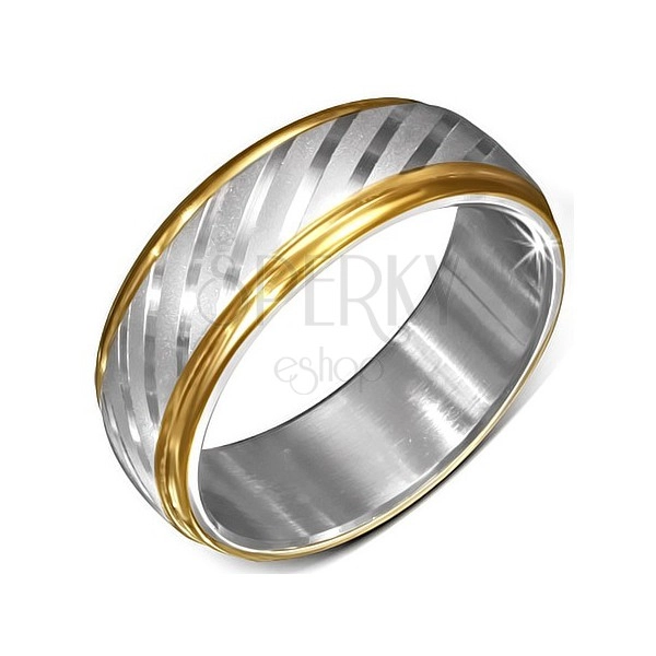 Ocelový prsten se zlatými okraji a saténovými diagonálními pásy