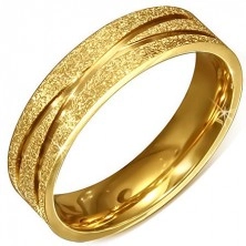 Zlatá pískovaná ocelová obroučka na prst s křižujícími se zářezy
