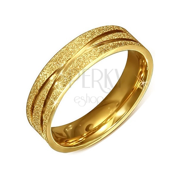 Zlatá pískovaná ocelová obroučka na prst s křižujícími se zářezy